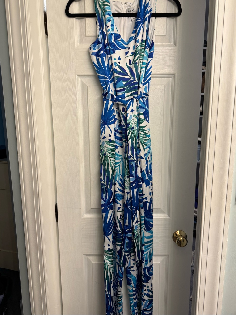 Nicole Miller Blue, White & Green Tropical Print Jumpsuit